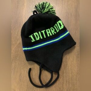 Iditarod  Black and Green Pom-Pom Beanie With Ear Flaps Unisex